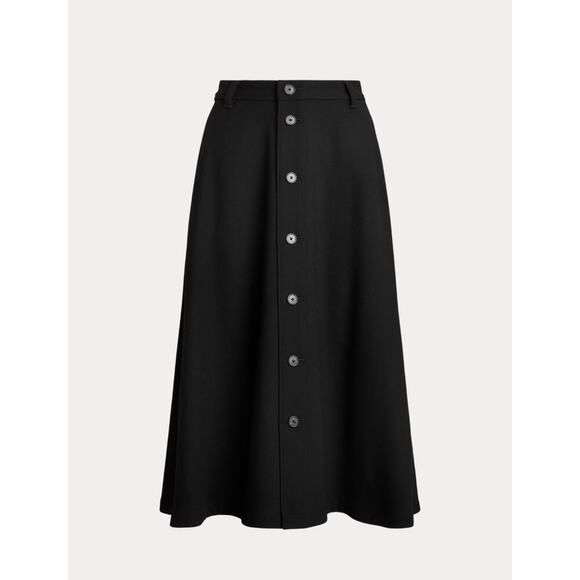 Polo Ralph Lauren Wool Crepe Buttoned Skirt Black Midi 2 A Line Flare $600 - Picture 2 of 10